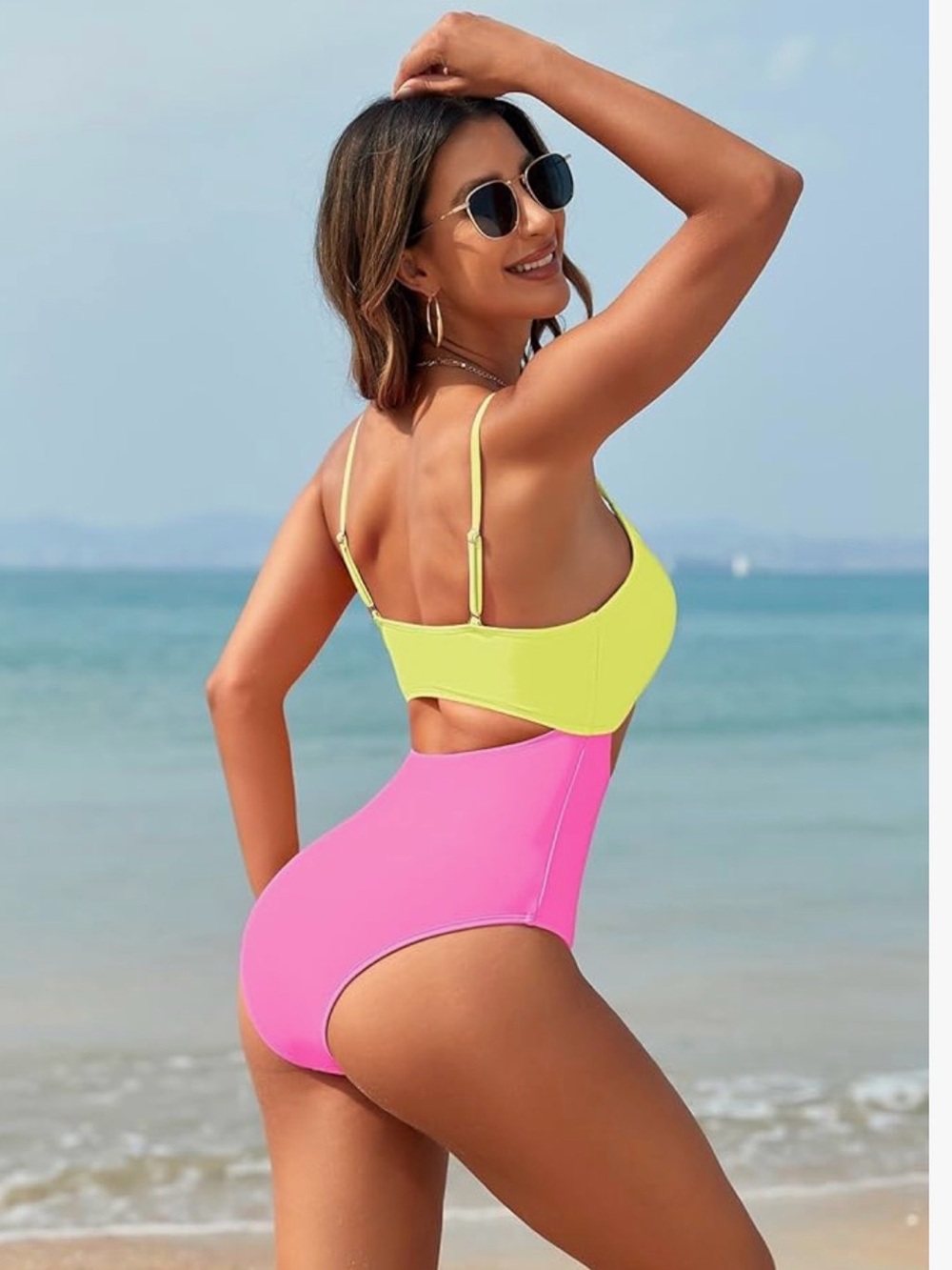 Source Unknown Neon Yellow and Hot Pink One-Piece Swimsuit